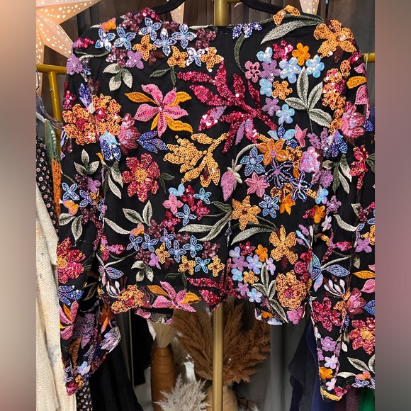 Anthropologie Tiny Floral Sequin Cropped Blazer Jacket - Picture 5 of 9